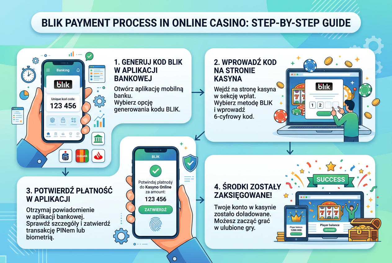 Infografika przedstawiająca proces wpłaty pieniędzy do kasyna za pomocą BLIK