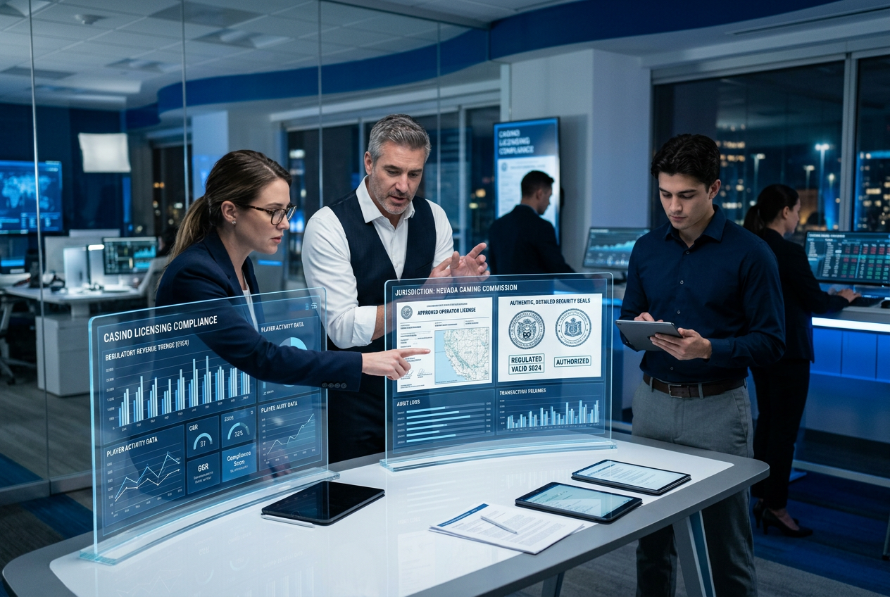 Analitycy weryfikujący licencje i dane RTP kasyn online na nowoczesnych monitorach