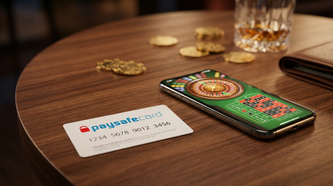 Karta paysafecard i smartfon z grą kasynową na stole