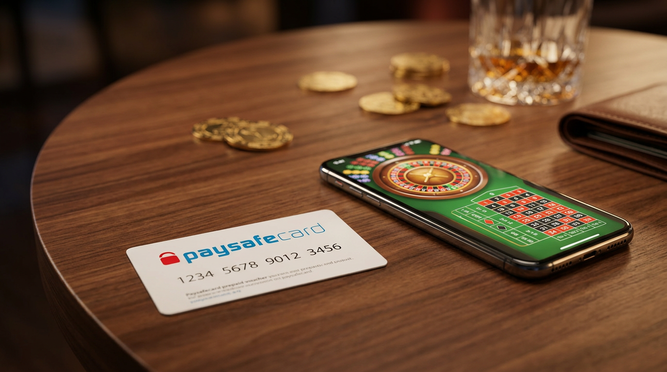 Karta paysafecard i smartfon z grą kasynową na stole