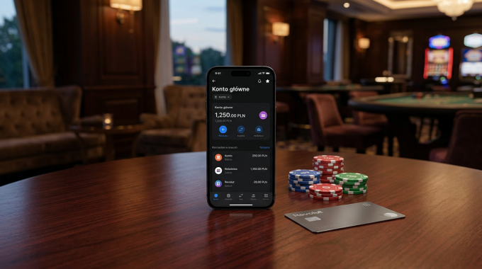 Smartfon z aplikacją Revolut obok żetonów kasynowych w eleganckim otoczeniu