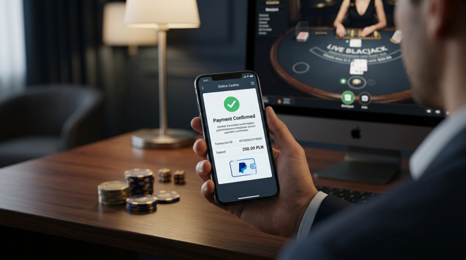 Smartfon z potwierdzeniem płatności PayPal w nowoczesnym kasynie online