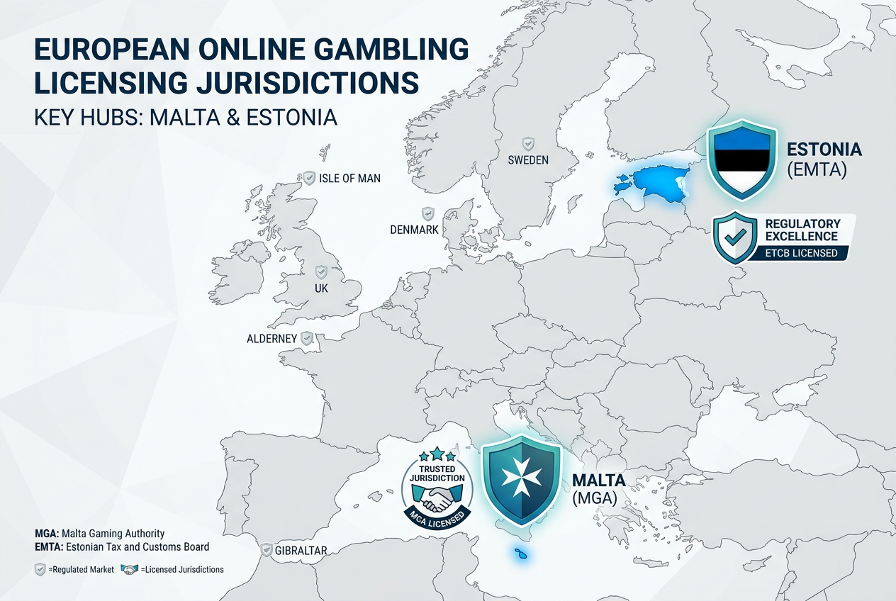 Infografika przedstawiająca europejskie licencje hazardowe