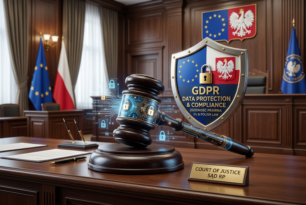 Grafika przedstawiająca symbole prawa - młotek sędziowski na tle flagi Polski i UE oraz cyfrowe kody zabezpieczające