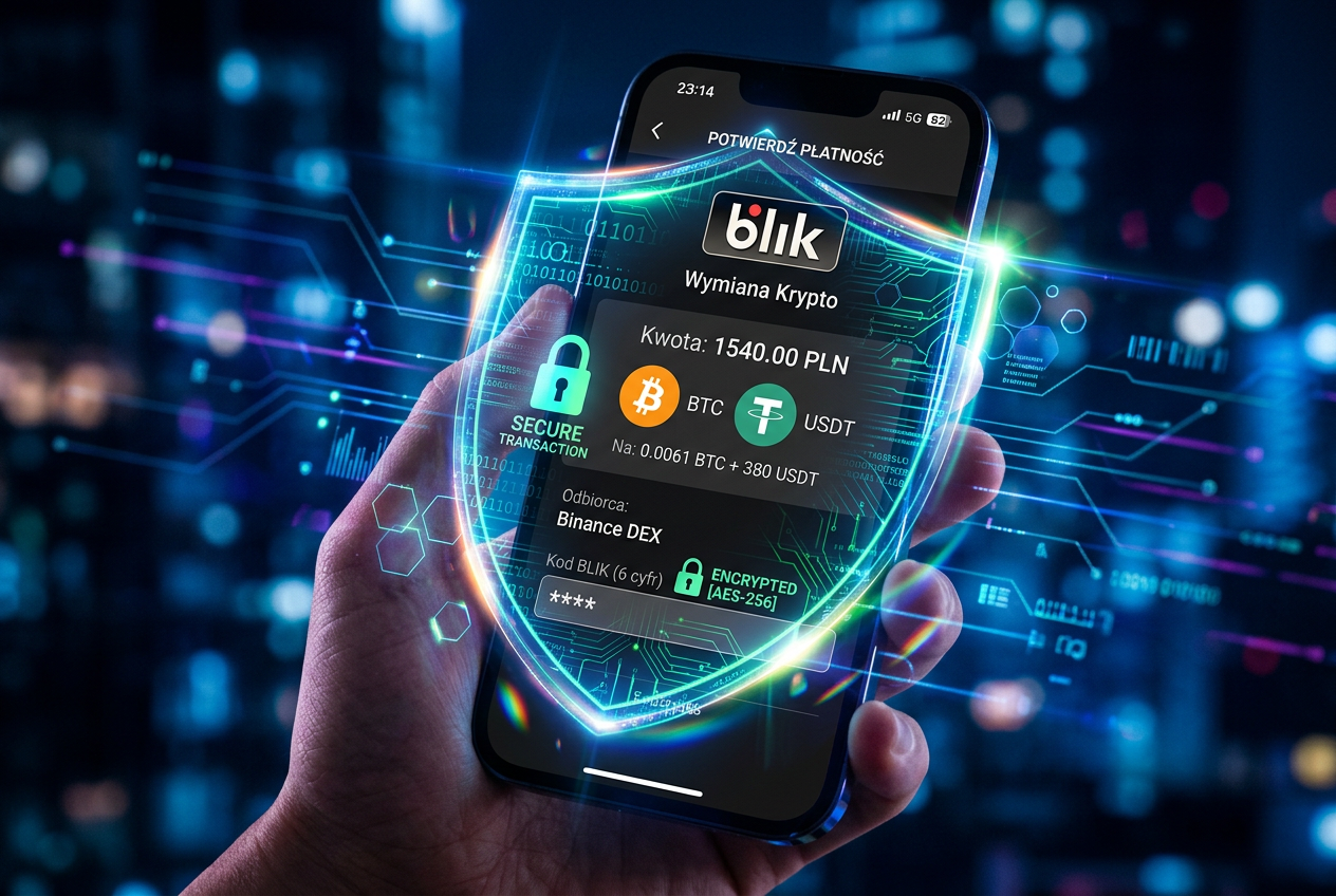 Smartfon z aplikacją płatniczą BLIK i ikonami kryptowalut na tle zabezpieczeń cyfrowych