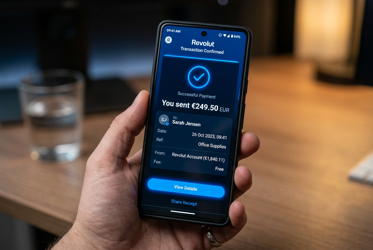 Modern mobile banking app interface with payment confirmation screen and Revolut branding